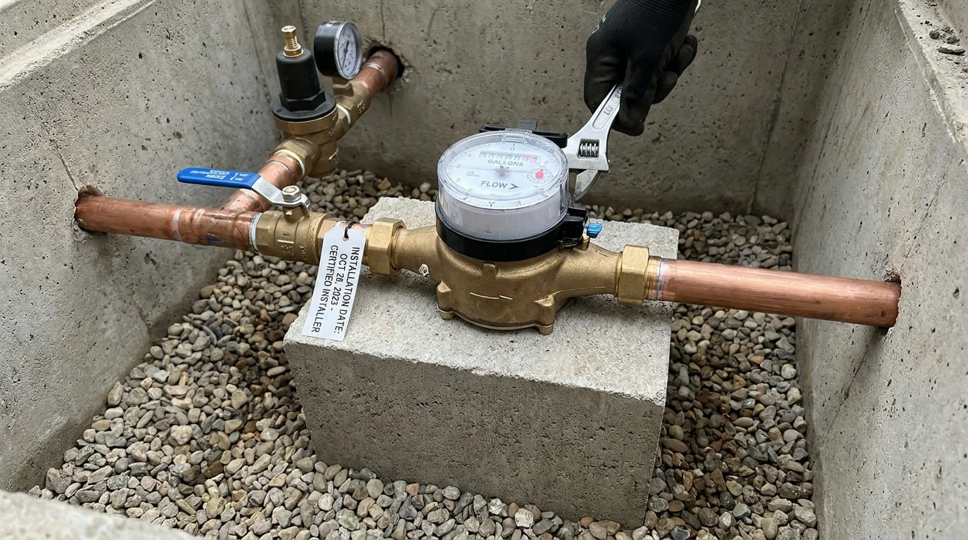 Closeup of new water submeter install in pit box